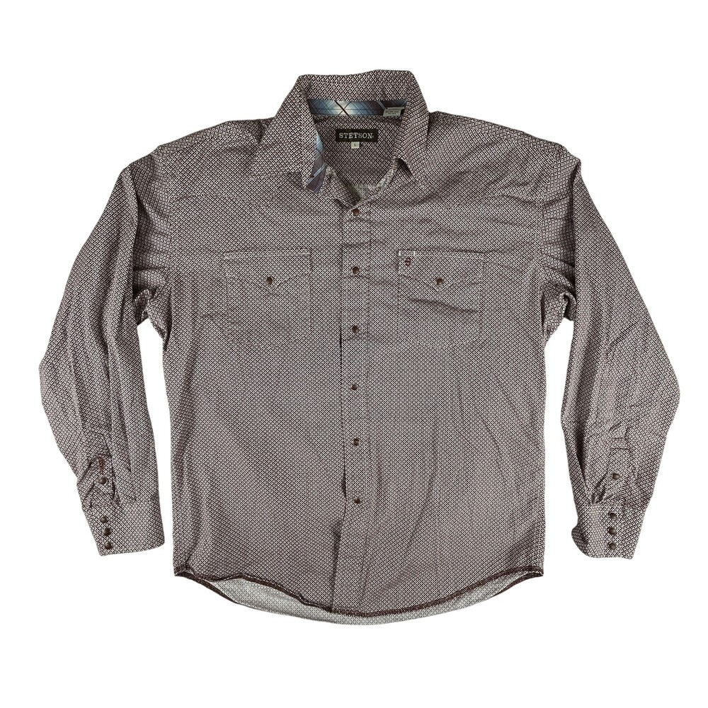 Stetson Shirt Mens Large Brown Geometric Western Pearl Snap Long Sleeve Cotton